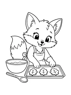 A cute fox baking leaf-shaped cookies beside a mixing bowl and wooden spoon.