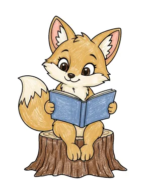 Fox Reading on a Stump Coloring Page colored with AI in crayon style