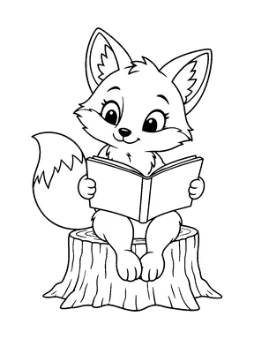 A cute fox reading an open picture book on a tree-stump seat.