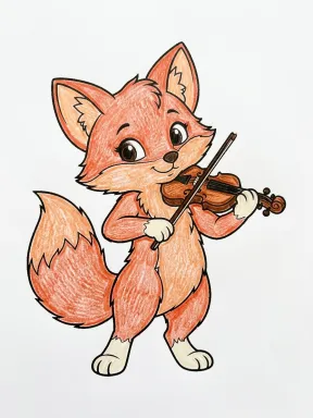 Fox Playing the Violin Coloring Page colored with AI in crayon style