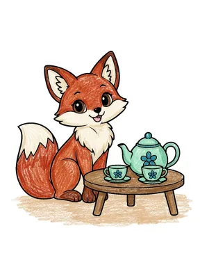 Fox Tea Time Coloring Page colored with AI in crayon style