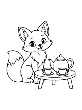 A cute fox sitting at a low table with a teapot and two teacups.