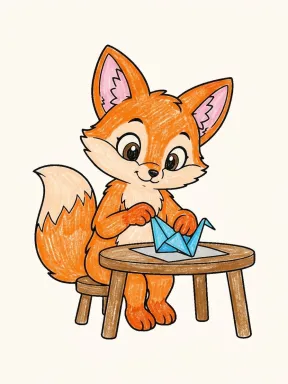 Fox Folding a Paper Crane Coloring Page, colored example