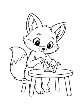 A cute fox folding a paper crane at a small table.