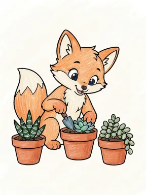 Fox with Potted Succulents Coloring Page colored with AI in crayon style