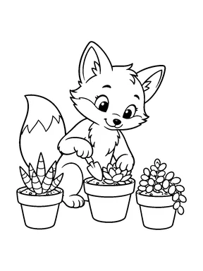 A cute fox tending three potted succulents with a small trowel.