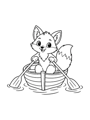 A cute fox sitting in a small rowboat holding a pair of oars.
