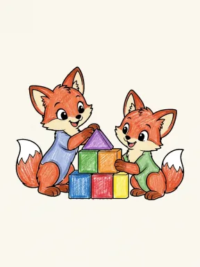 Fox Kits Building a Castle Coloring Page colored with AI in crayon style