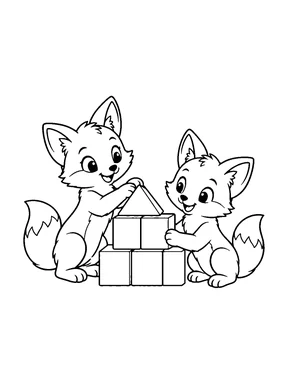 Two cute fox kits building a castle out of plain blocks.