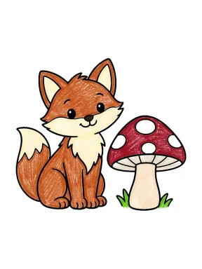 Fox and Mushroom Coloring Page colored with AI in crayon style