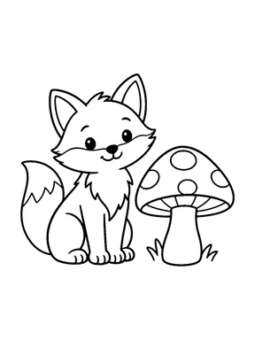 A fox beside a large mushroom.