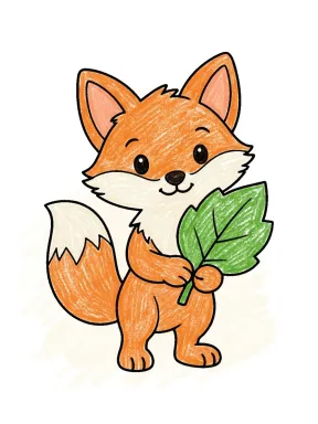 Fox Holding a Leaf Coloring Page colored with AI in crayon style