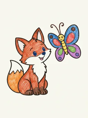 Fox and Butterfly Coloring Page colored with AI in crayon style