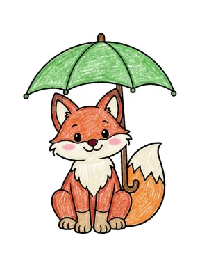 Fox Under an Umbrella Coloring Page colored with AI in crayon style