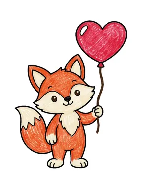 Fox with a Heart Balloon Coloring Page colored with AI in crayon style