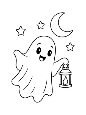 A friendly ghost carrying a small lantern under a crescent moon and three stars.