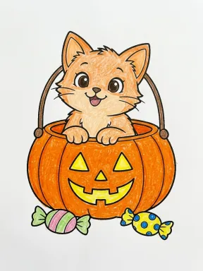 Cat in a Pumpkin Basket Coloring Page colored with AI in crayon style