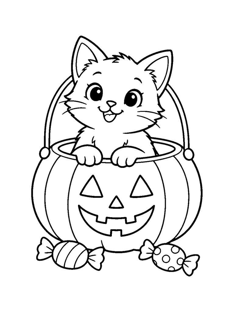 A friendly cat sitting in a pumpkin-shaped basket beside two wrapped candies.