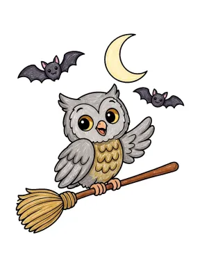 Owl Riding a Broom Coloring Page colored with AI in crayon style