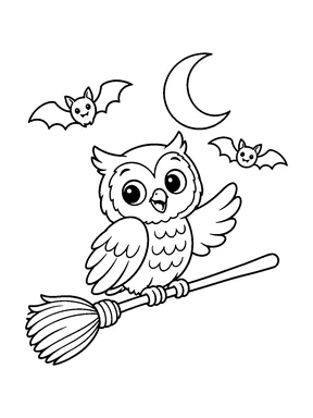 A friendly owl riding a broom under two small bats and a crescent moon.