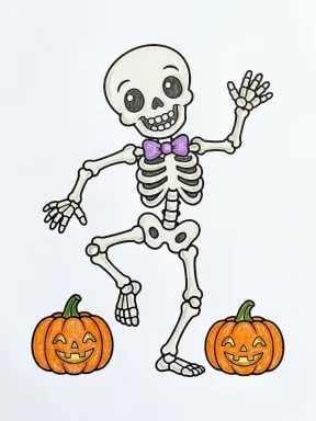 Dancing Skeleton Coloring Page colored with AI in crayon style