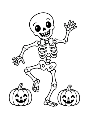 A friendly dancing skeleton in a bow tie beside two small pumpkins.