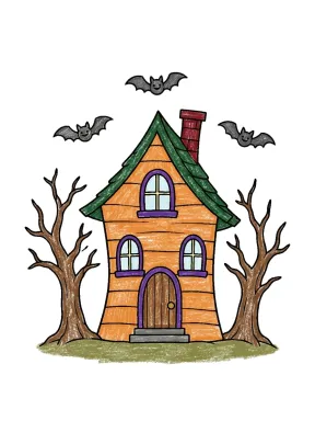 Halloween Crooked House Coloring Page colored with AI in crayon style
