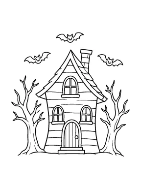 A friendly crooked house with bare trees and small bats around it.