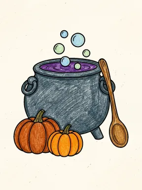 Bubbling Cauldron Coloring Page colored with AI in crayon style