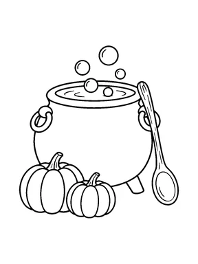 A round cauldron bubbling beside a wooden spoon and two small pumpkins.
