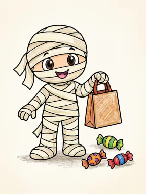 Mummy Trick-or-Treating Coloring Page colored with AI in crayon style