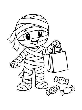 A friendly mummy carrying a closed treat bag beside wrapped candies.