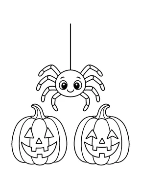 A smiling spider hanging from a thread between two carved pumpkins.