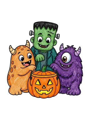 Monsters Sharing Candy Coloring Page colored with AI in crayon style