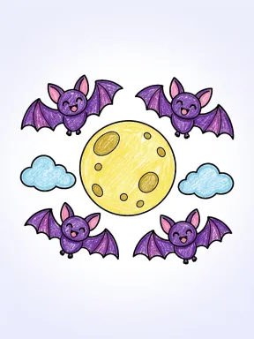 Bats Around a Full Moon Coloring Page colored with AI in crayon style