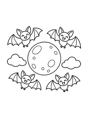 Smiling bats flying around a full moon and two rounded clouds.