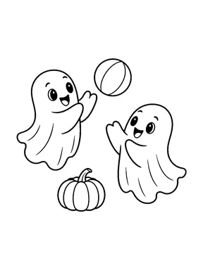 Two friendly ghosts playing with a ball beside a small pumpkin.