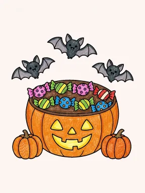 Halloween Candy Bowl Coloring Page colored with AI in crayon style