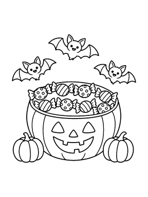 An open bowl of wrapped candies, with small bats and mini pumpkins around it.