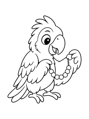 A cute parrot threading round beads onto a short necklace cord.