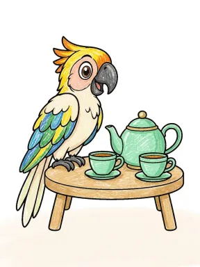 Parrot Tea Time Coloring Page colored with AI in crayon style