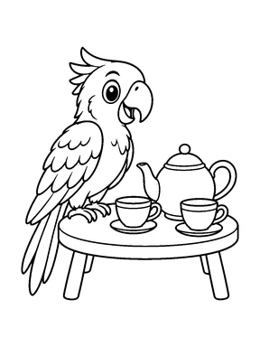 A cute parrot perched beside a teapot and two teacups on a low table.
