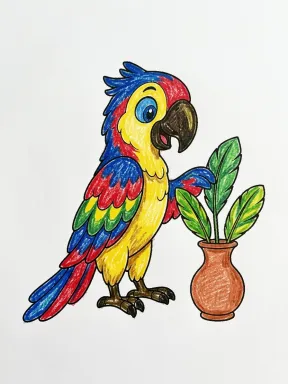 Parrot Arranging Feathers Coloring Page colored with AI in crayon style