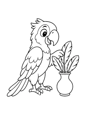 A cute parrot arranging three loose feathers in a small vase.