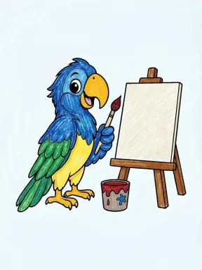 Parrot Painter at an Easel Coloring Page colored with AI in crayon style