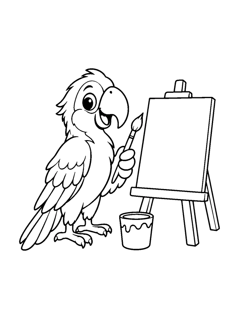 A cute parrot holding a paintbrush beside a blank easel and a paint cup.