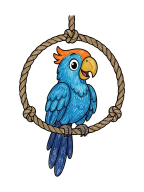 Parrot in a Rope Ring Coloring Page colored with AI in crayon style