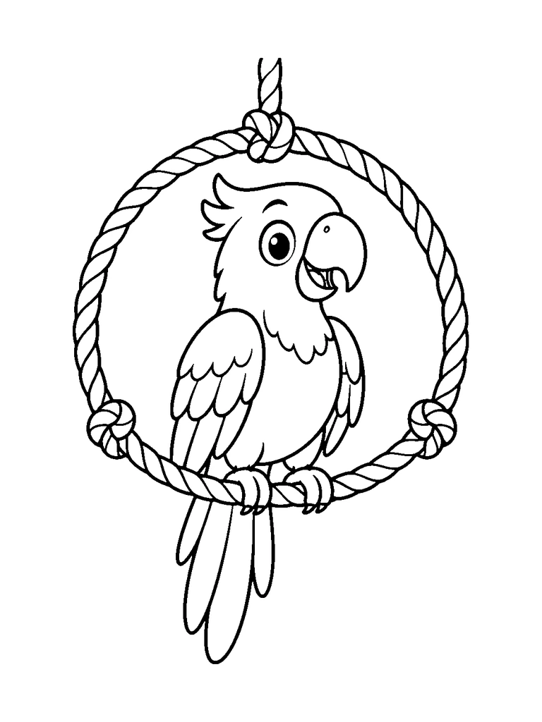 A cute parrot balancing inside a knotted rope ring.