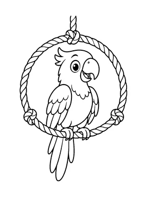 A cute parrot balancing inside a knotted rope ring.