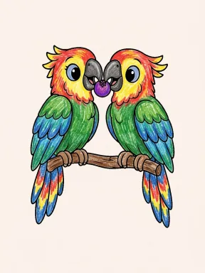 Parrots Sharing a Berry Coloring Page colored with AI in crayon style